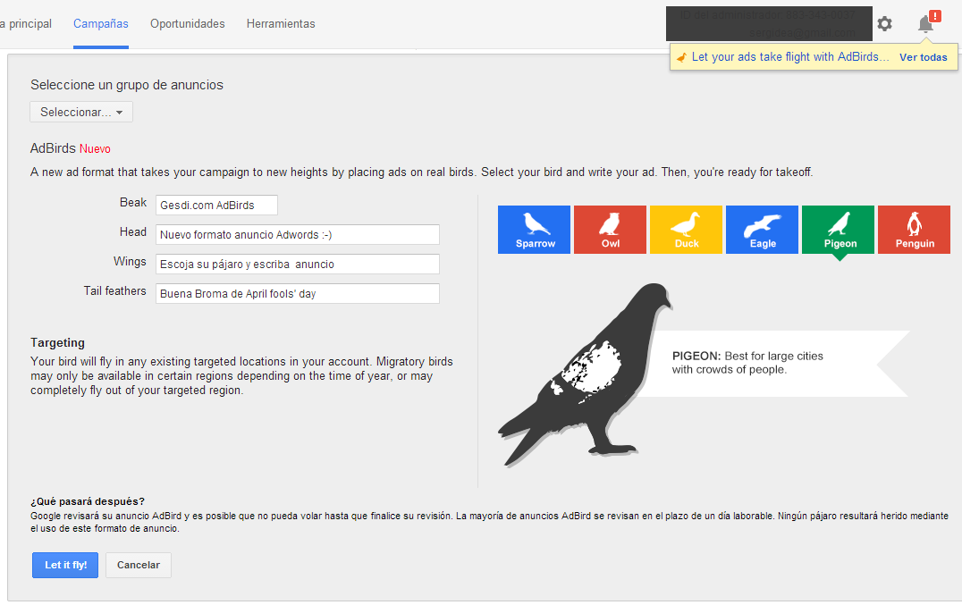 Google Adwords AdBirds - Pigeon